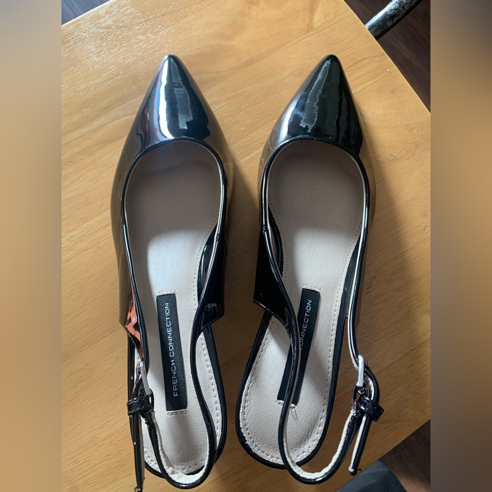 French Connection Black Patent Pointed Slingback Heels